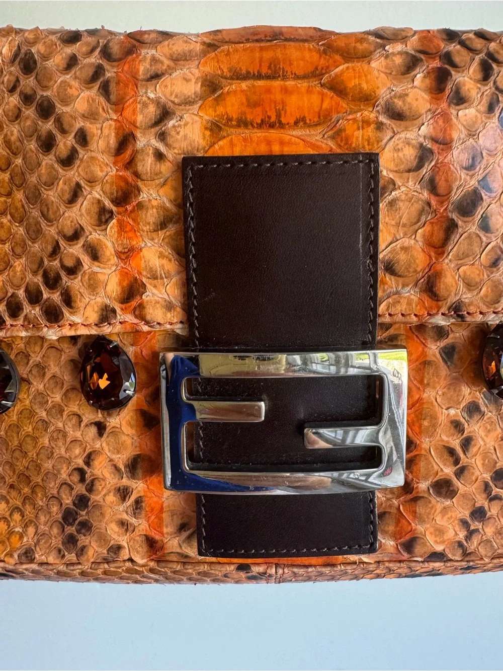 Fendi Orange and Black Python Shoulder Baguette Bag